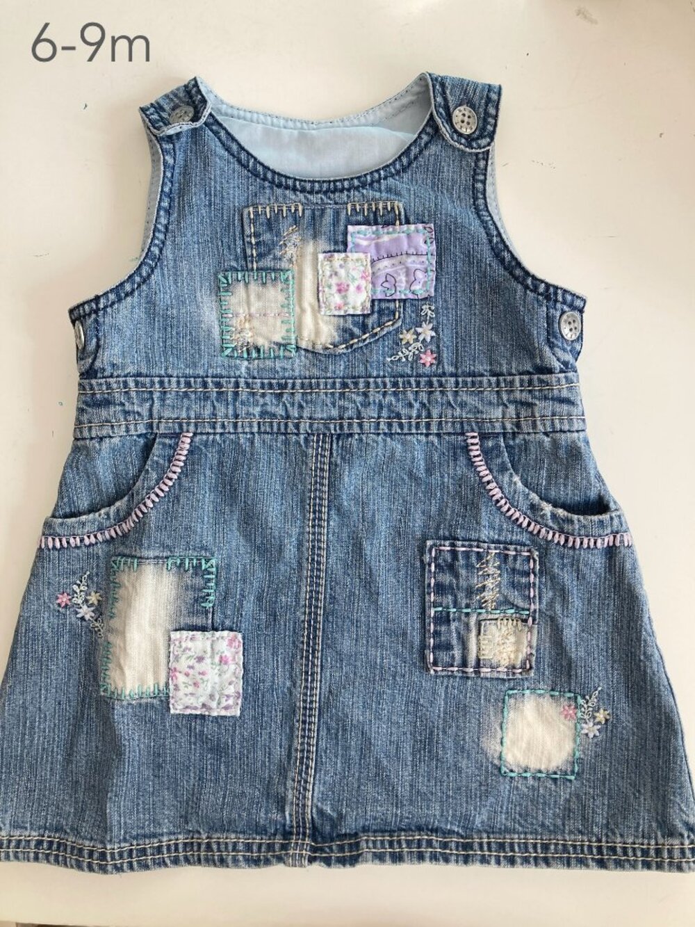 💙2/$25 NEXT 6-9 Months Baby Blue Denim Jean Dress Patchwork Cottagecore Fall
